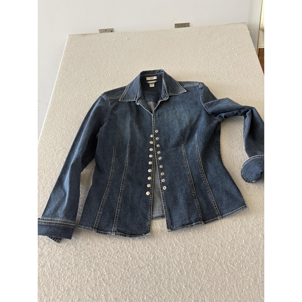 Christopher & Banks Jacket Womens Medium Blue Denim Stretch Button Front Fitted